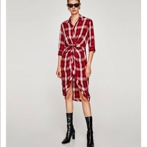 Zara Red Flannel Knot Twist Shirt Dress Size M